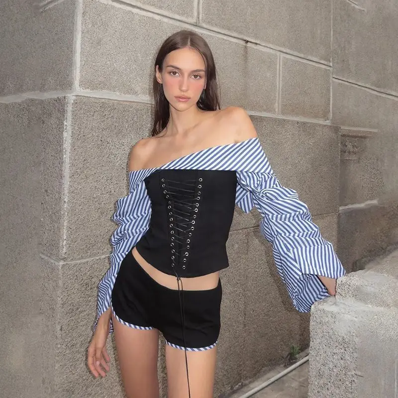 Wowmen Hoody T-shirt 2025 Summer New Striped Patchwork Slash Neck Long Sleeve Women Tops Euro-America Style