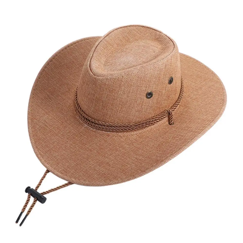 Linen Western Cowboy Hat Wide Brim Climbing Hat Summer Sun Hat Sun Protection Cap Outdoor Visor Cap Beach Sunscreen Cap Travel