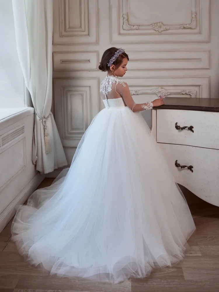 Custom Flower Girl Dress White Illusion High Neck Long Sheer Lace Sleeve Pleated Bodice Multi-Layer Soft Tulle Full Sweep Train