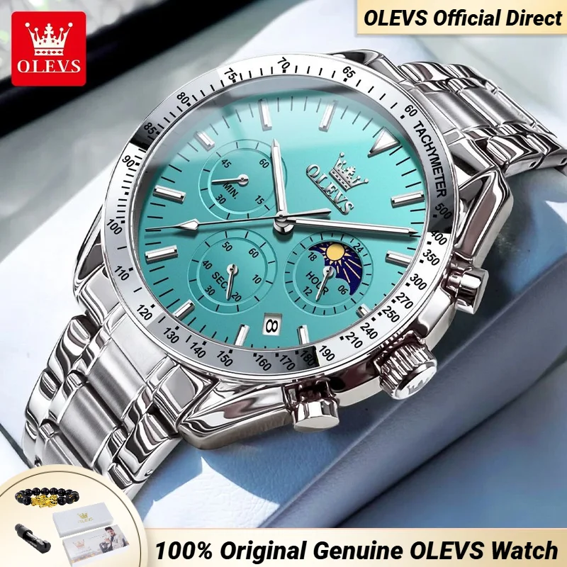 

OLEVS 3618 Men's Watches Chronograph Date Butterfly Buckle High Quality Stainless steel Luminous Moon Phase Quartz Watch for Men