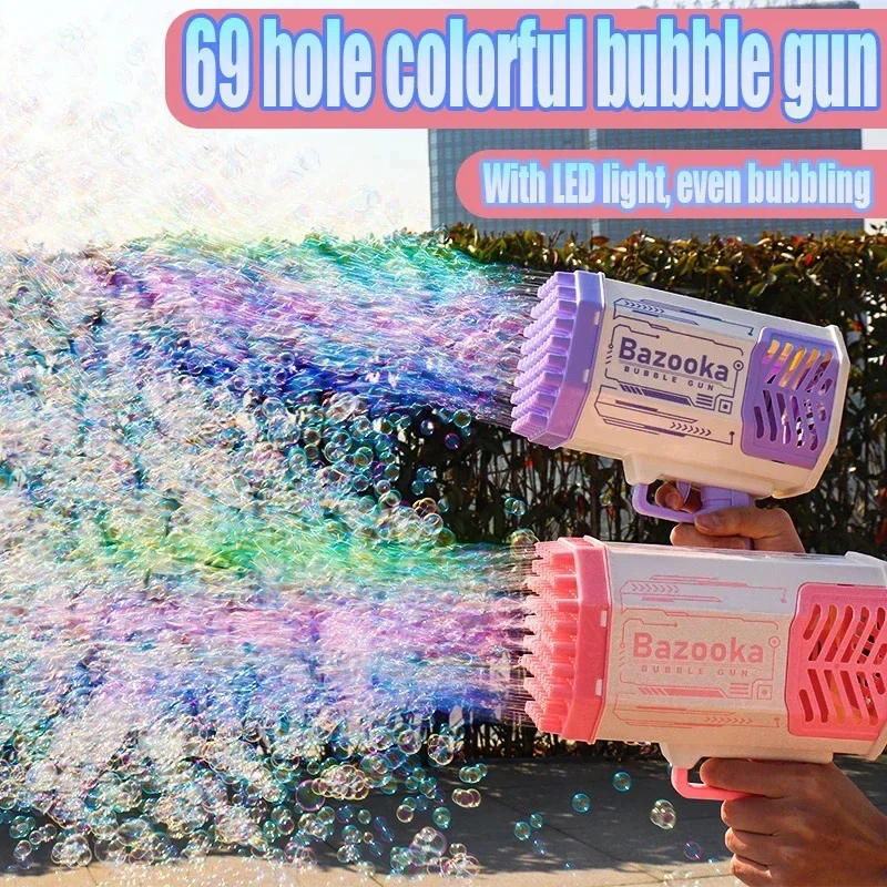 Sabão infantil totalmente automático Bubbles arma, foguete, brinquedo soprando para crianças, máquina completa com luzes fantásticas, 69 buracos