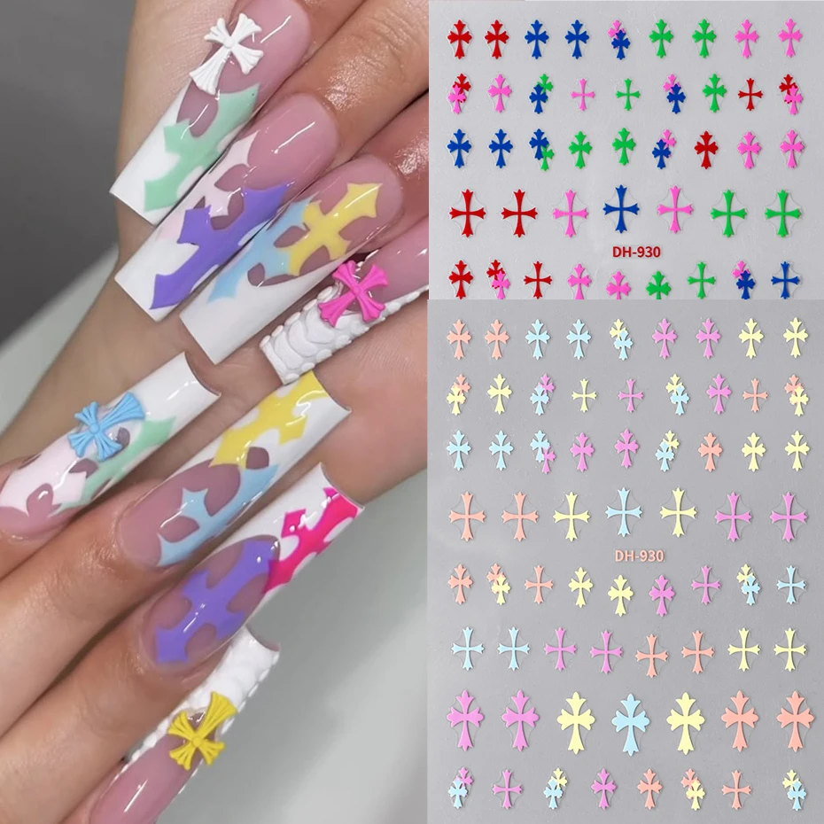 Autocollants 3D à motif de croix coloré pour Nail Art, 2 pièces, décalcomanies de conception de couleurs vives, curseur de manucure, Gel adhésif, décoration pour Nail Art