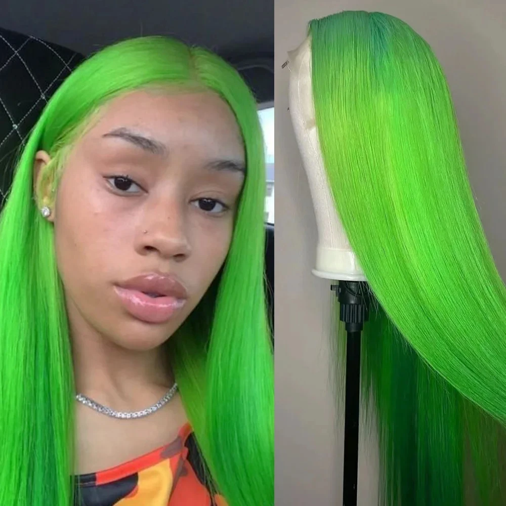 QW  Silky Straight Bright Green Colored Wig Soft Synthetic Hair Lace Wigs 13x4 Lace Front Wig Heat Resistant Fiber Cosplay