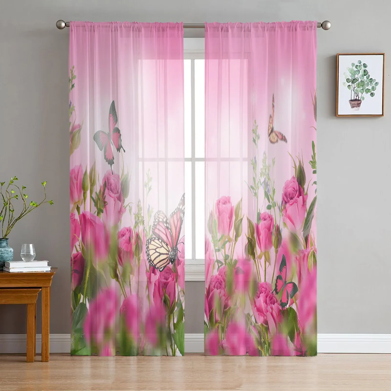 Flowers Butterfly Rose Tulle Sheer Curtains for Living Room Decoration Window Curtain for Bedroom Kitchen Voile Organza Drapes