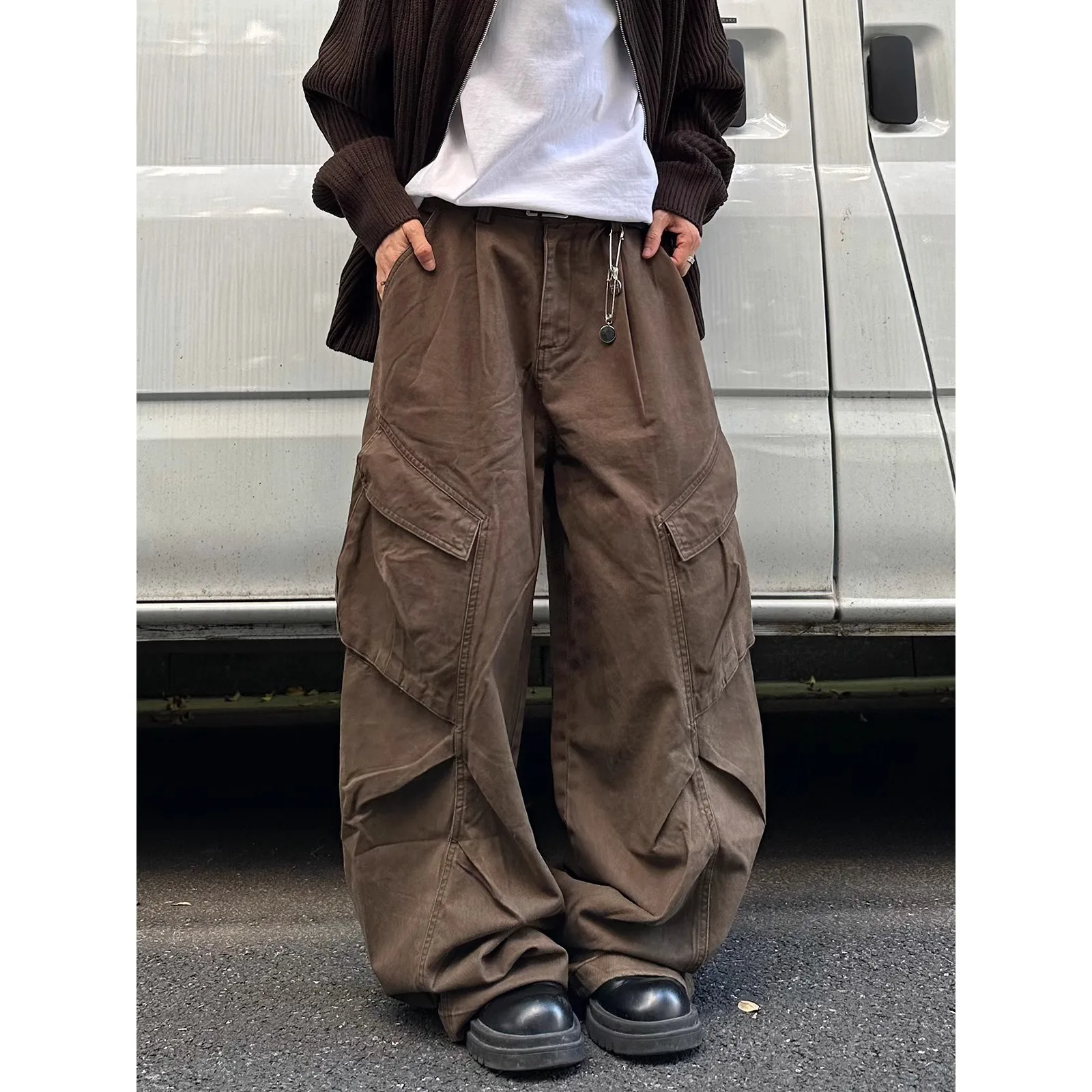 Pantaloni cargo in denim lavato vintage da uomo, jeans larghi dritti da donna in puro cotone con tasca grande, pantaloni Y2K in tinta unita