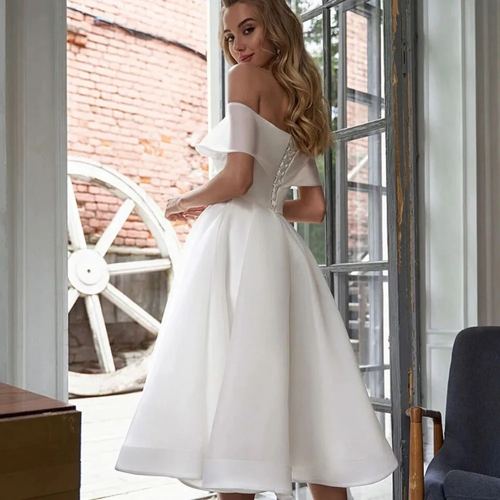 Simple Modern Wedding Dresses Off The Shouder Knee Length White Bridal Gown For Women Brides Dress Customize To measures Civil