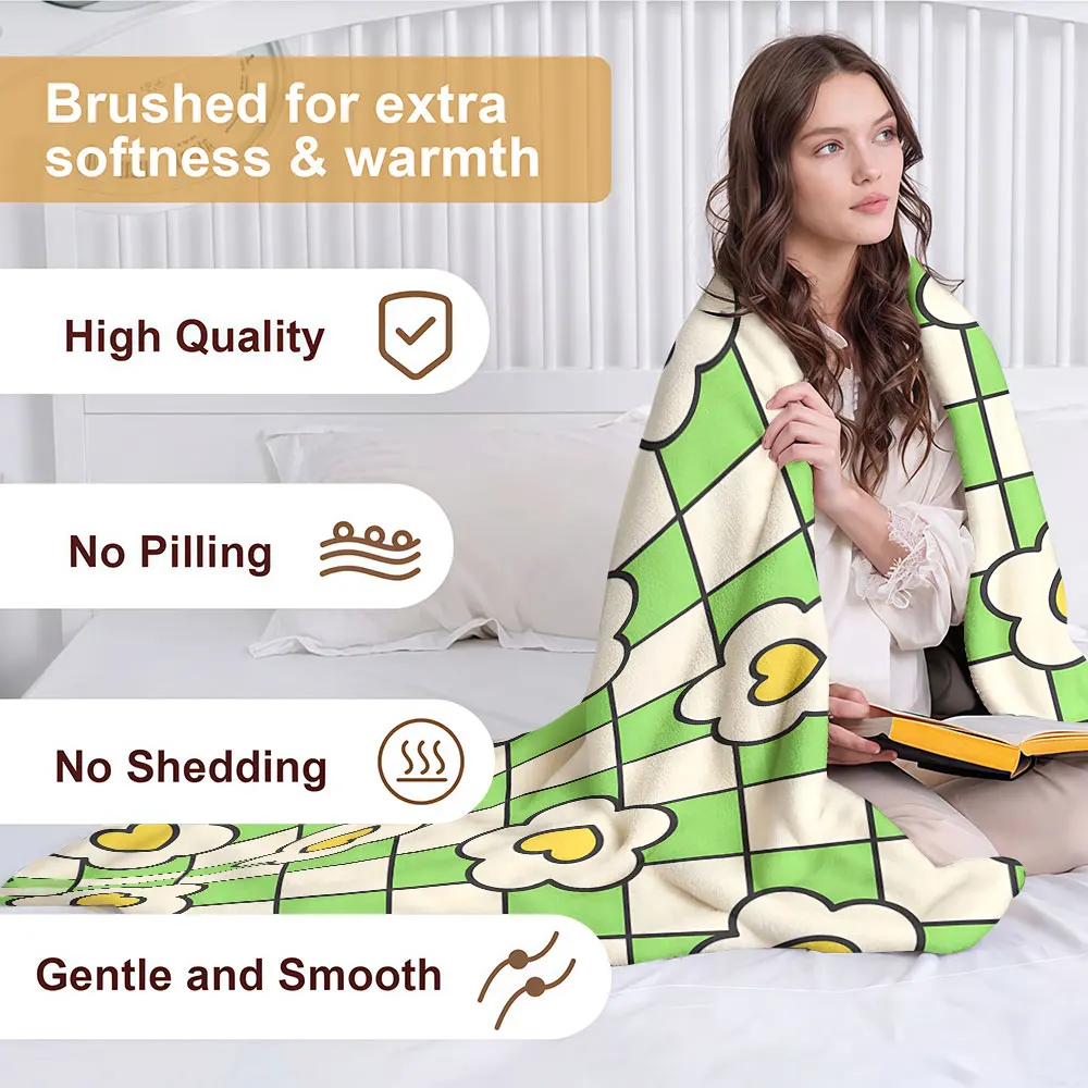 green checkered flower Soft Warm Flannel Blanket Lightweight Cozy Christmas Halloween Home Decor Room
