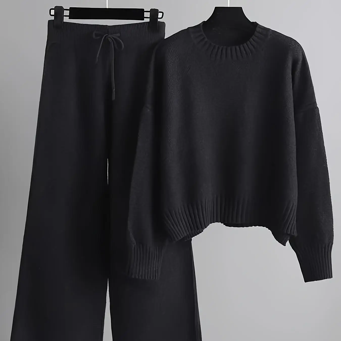 Herbst Winter Mode Lässig Gestrickte Faul Set frauen Lose Pullover Breite Bein Hosen Lange Hosen Zwei Stück Set