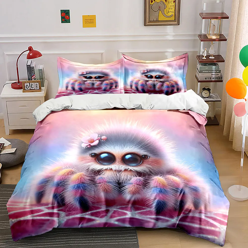 Juego de ropa de cama con estampado de araña colorida y peluda con accesorio de flor, 1 funda nórdica y 2 fundas de almohada para adultos y niños, regalo de lujo
