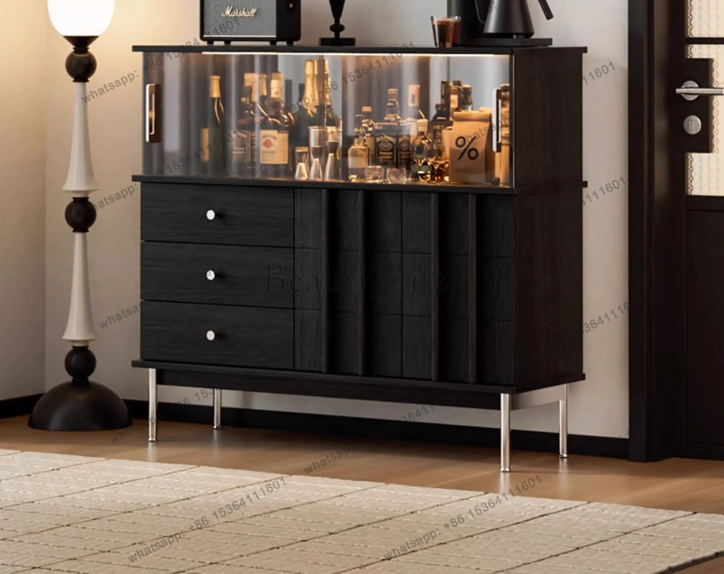 Retro sideboard, black medieval style light luxury, display the atmosphere of the living room, wine cabinet