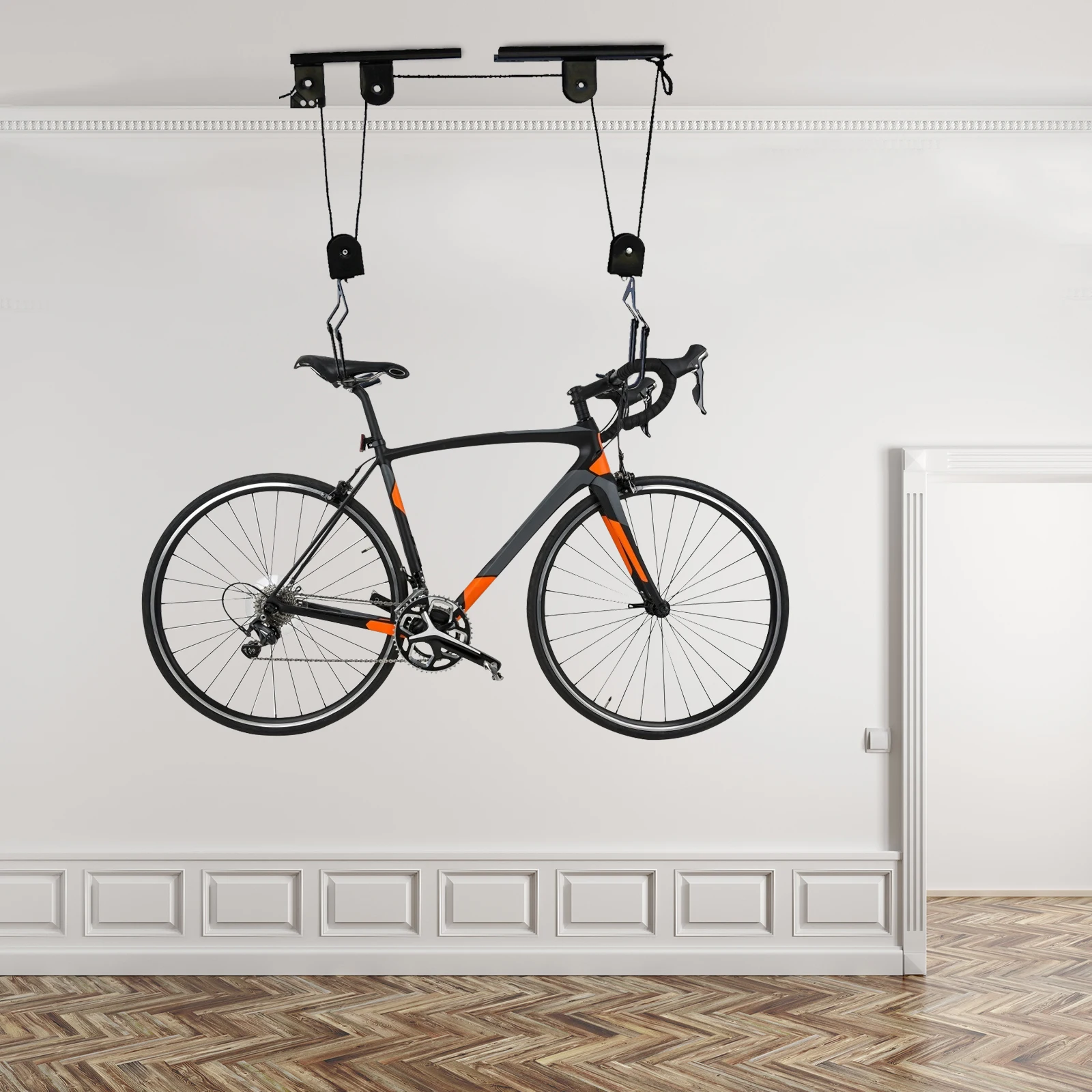 

Bike Hoist for Garage Ceiling Mount Pulley System Bike Storage Set Of Bike Hangers for Garage Storage, 132LBS Load