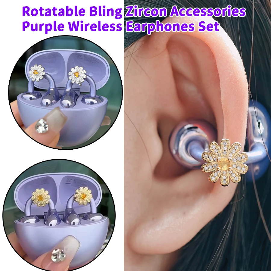 Rotatable Bling Zircon Ornament Purple Wireless Earphones Set Bluetooth Hi-Fi Stereo&ENC Call Ear-Clip Jewelry Earbuds Girl Gift