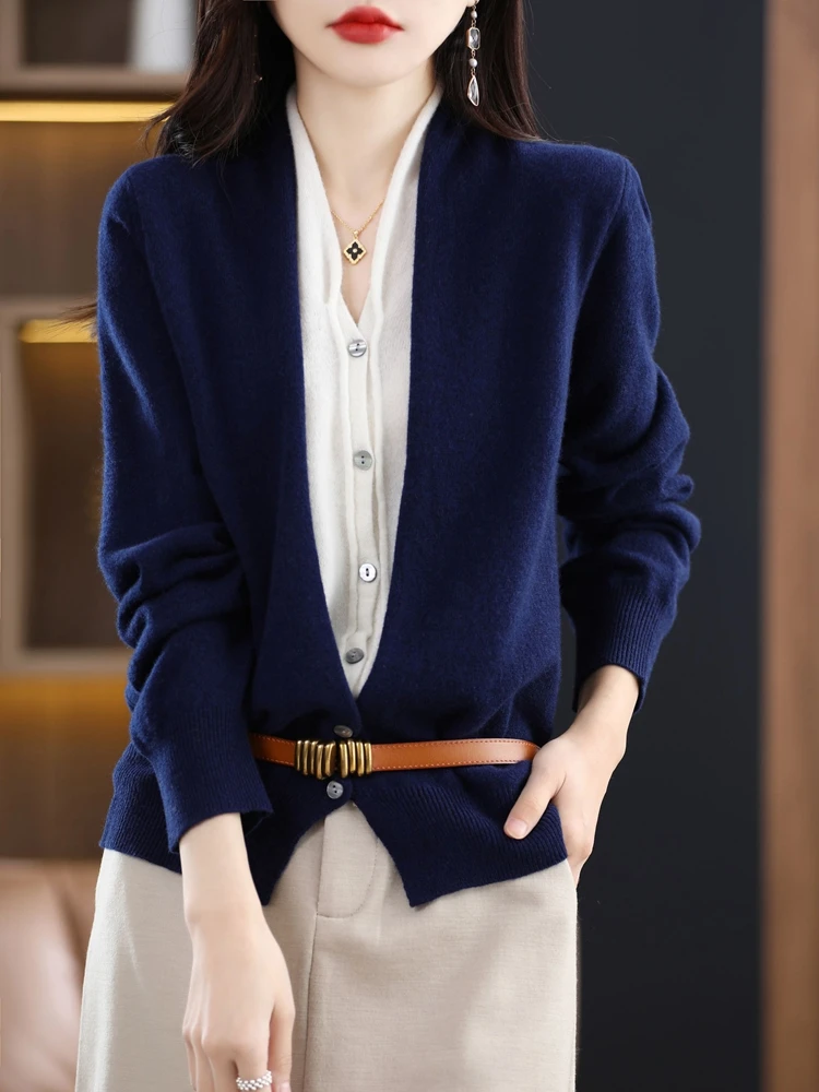 Autumn Winter New Chic V-neck Cardigan Sweater For Women 100% Merino Wool Grace Office Lady Basic Cashmere Knitwear Topss