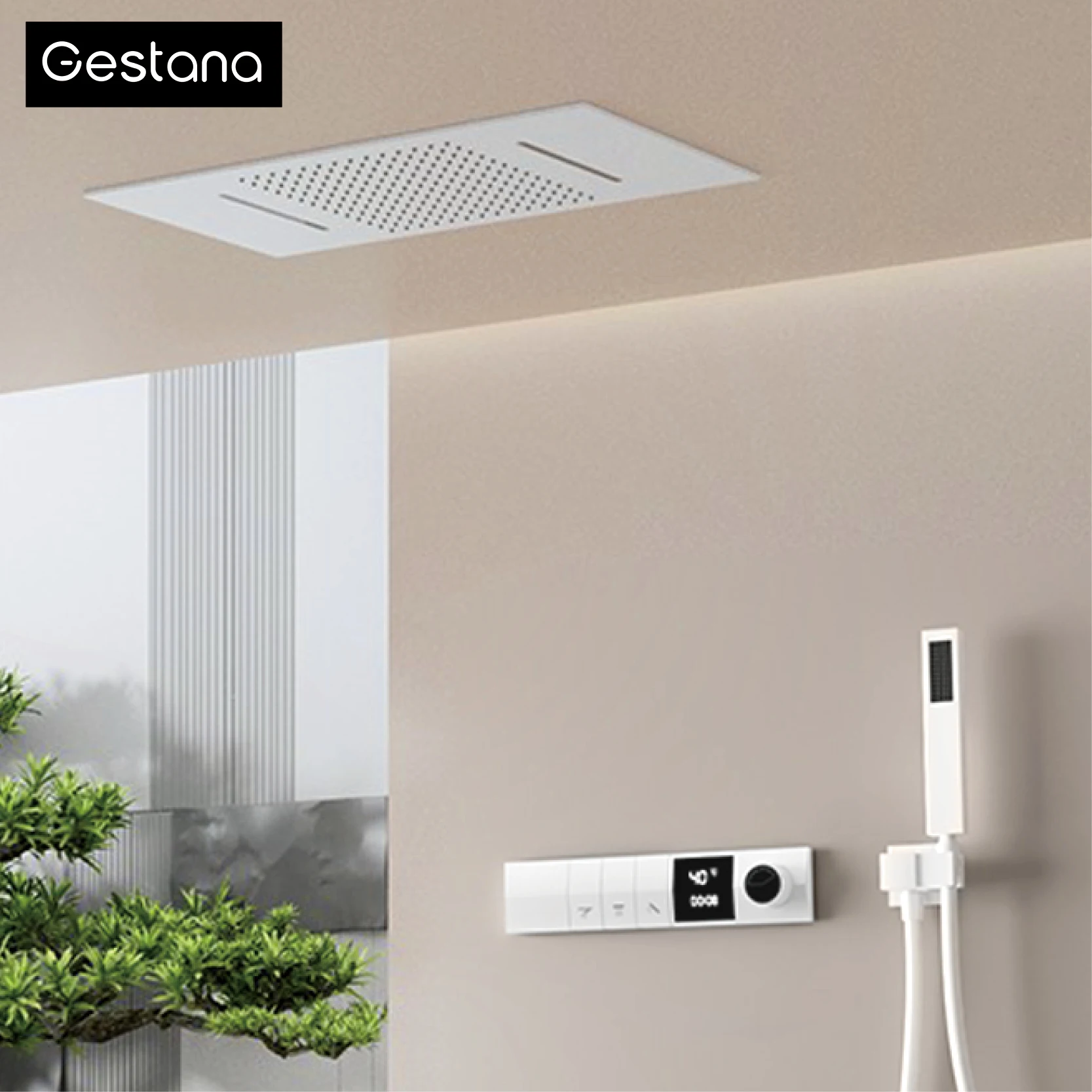 

Chrome Wall-Mounted Ceiling Thermostatic Rainfall shower system LED Display 3 Spray Modes Brass Anti-Scald Easy Install Shower