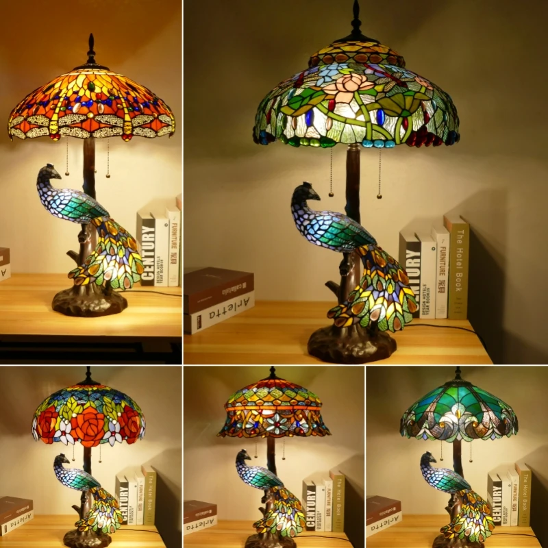 Stain Glass Tiffany Table Lamp Peacock Art Flower Decor for Living Room Bedside Desk Light Standing Lighting Fixtures Luminaria