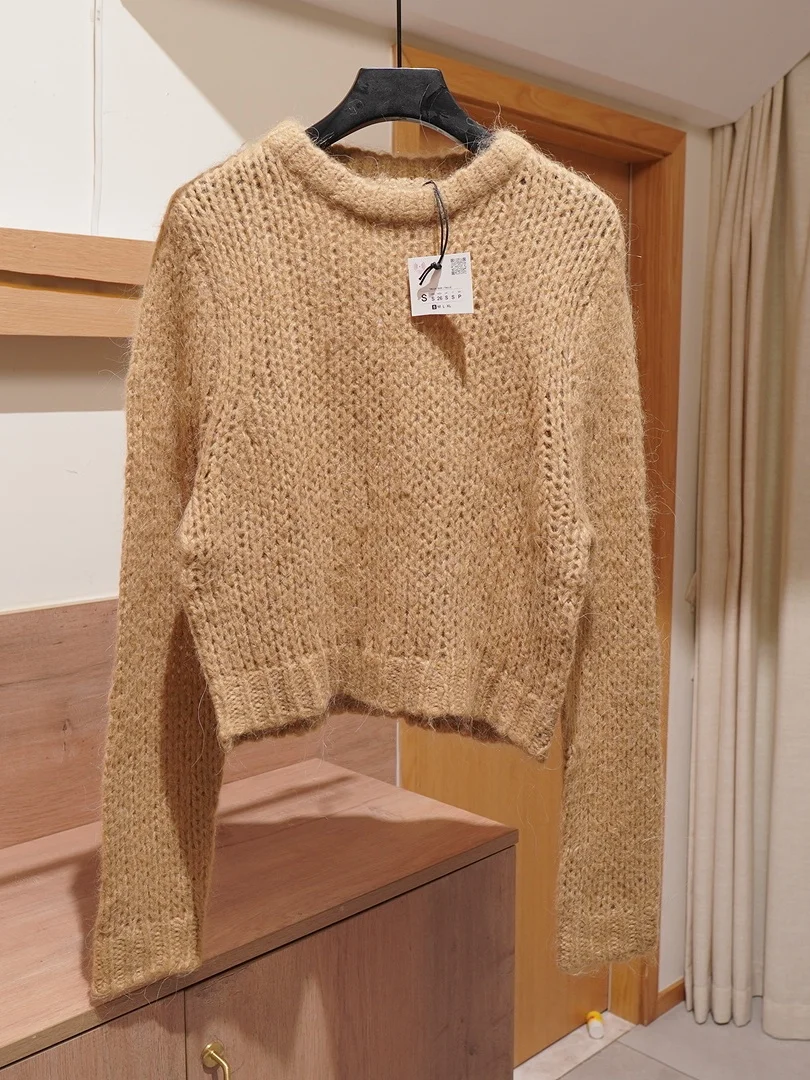 

Уютный коричнево-желтый вязаный свитер с круглым вырезом, однотонный, модный женский зимний топ свободного кроя с длинными рукавами