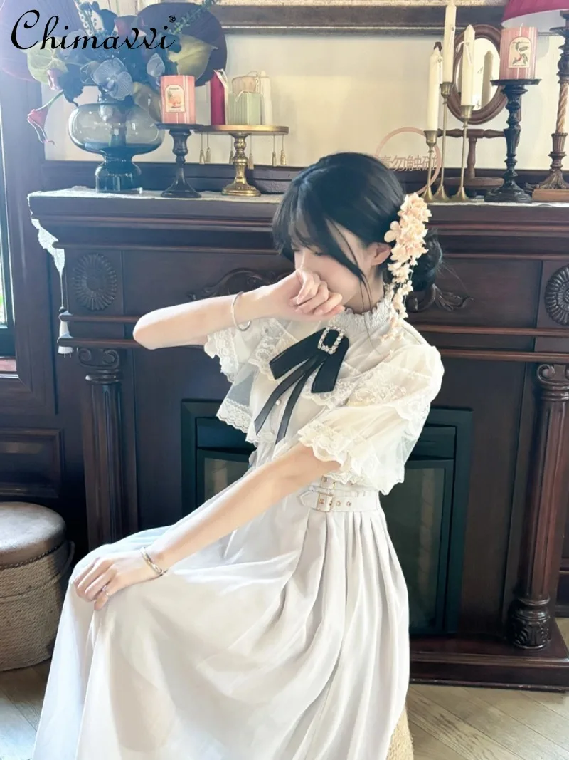 

Japanese Mass Production Veil Cloak Half Sleeve with Brooch Double Layer Lace Dress Sweet Girl High Waist Elegant Lolita Dress