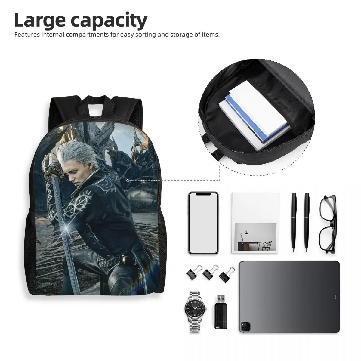 Vergil From The Devil May Cry Seri Backpack Student Boys Girls BookBag School Bag Computer Shoulder Bags