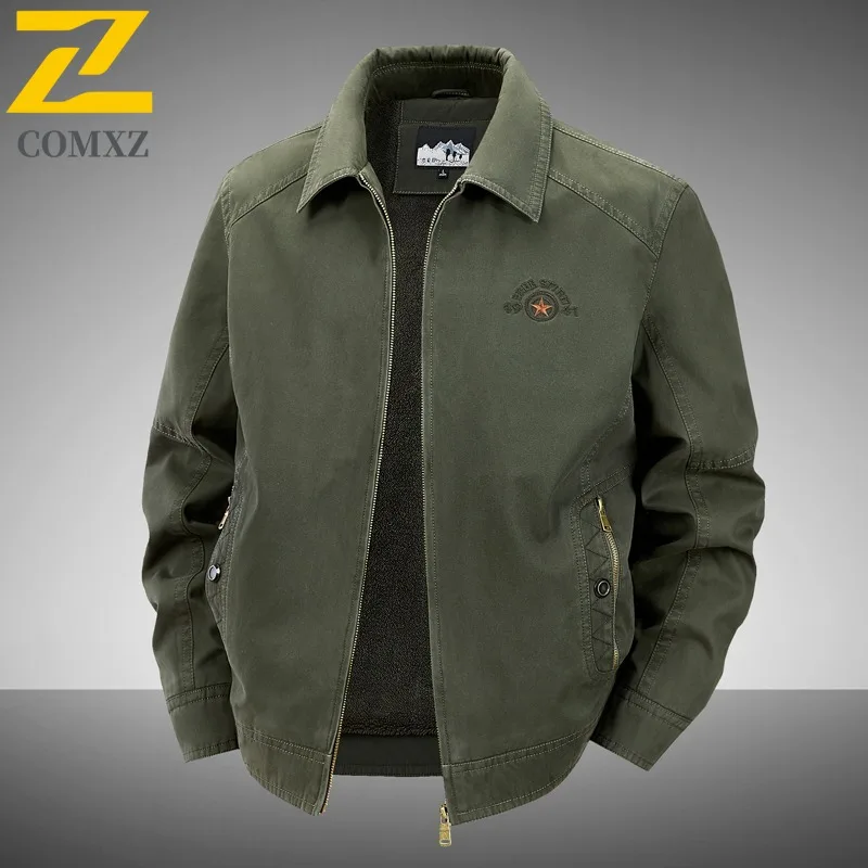 

COMXZ 2025 Мужская толстая теплая хлопковая куртка на подкладке из шерпа, зимнее потертое легкое удобное пальто из чистого хлопка на флисовой подкладке