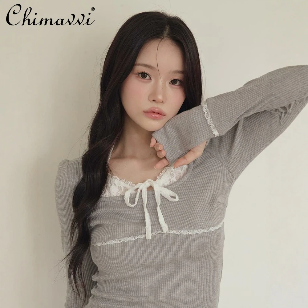 Japanese Sweet Lace Patchwork Lace-Up Fake Two-Piece Stretch Long Sleeve T-Shirt Autumn New Fashion Slim Fit Elegant Women's Top