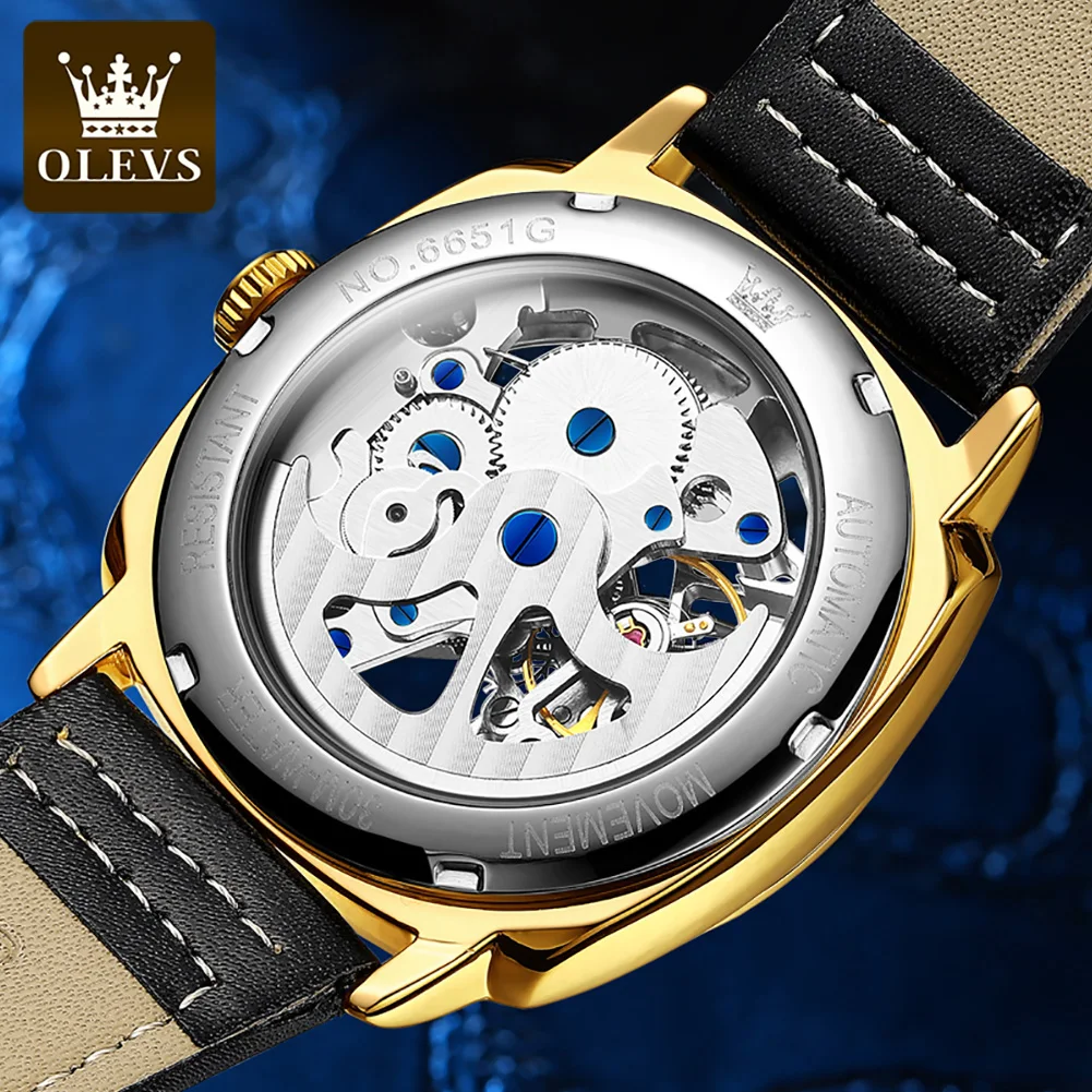 Olevs-男性用自動機械式時計,防水,透かし彫りフライホイール,常夜灯,ビジネスファッション,高級ブランド,6651