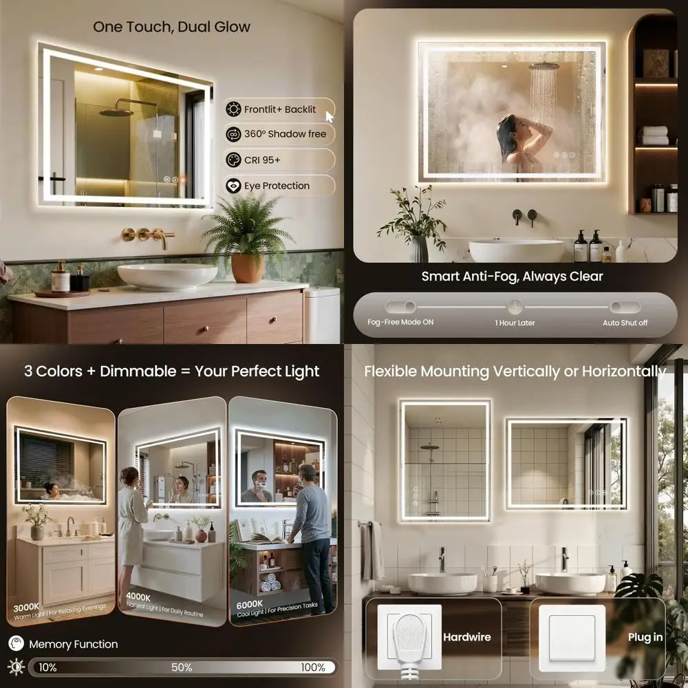 

LED-Illuminated 55x30 Tempered Glass Bathroom Mirror with Anti-Fog, Backlight, Front Lighting, Memory Function, and Dimmable Fea