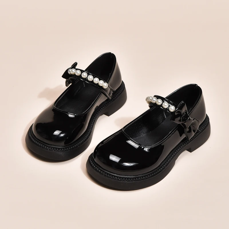 

Girls' Leather Shoes 2025 Spring/Autumn New Black Round Toe Pearl Kid's Mary Jane Shoes Elegant Children's Shoes 26-37