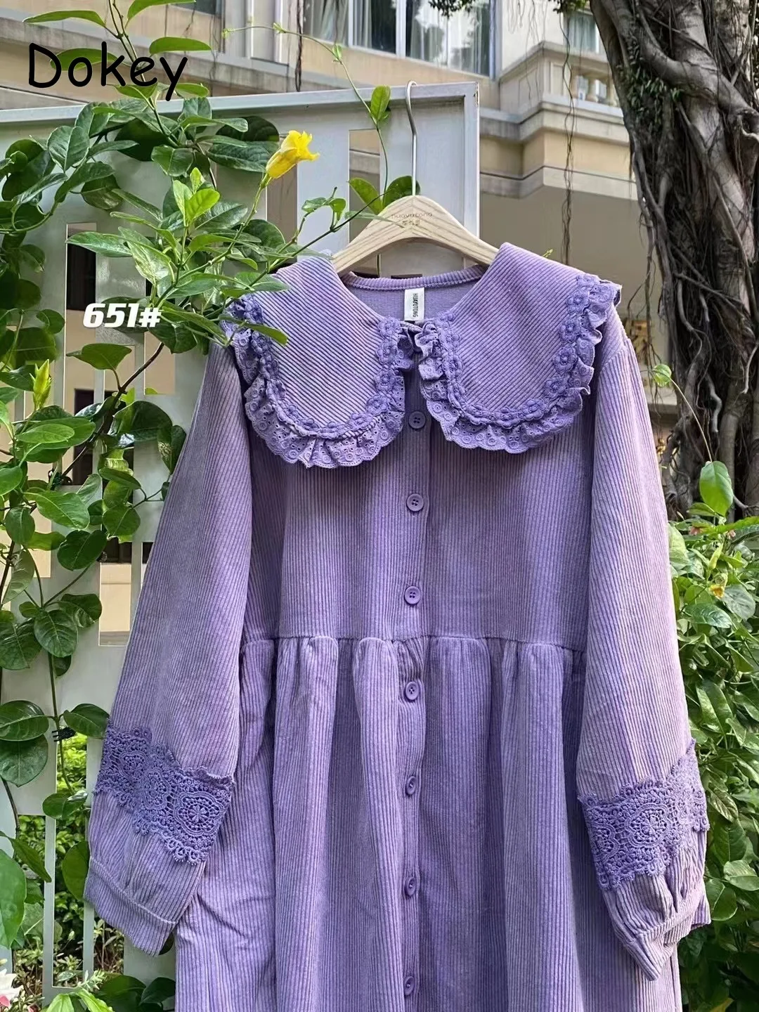 Vintage Lace Ruffled Corduroy Dress Women Japanese Mori Girl Peter Pan Collar Single-breasted Loose Kawaii Dress Casual Clothes