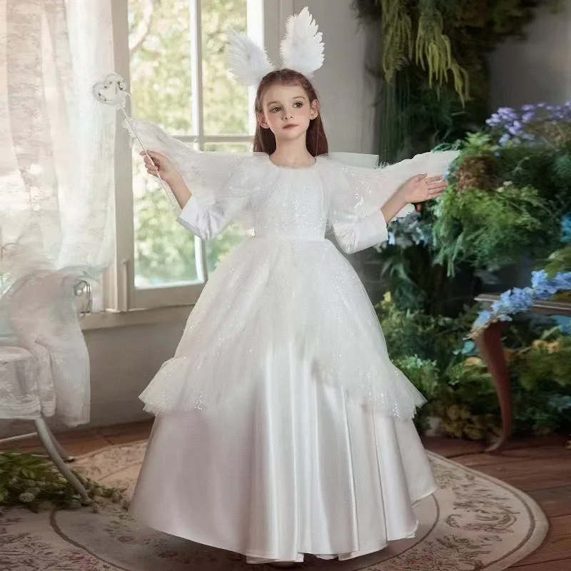 

2026 Girls White Flower Girl Children Long Sleeve Princess Ball Gown for Halloween Kids Birthday Piano Performance Formal Dress
