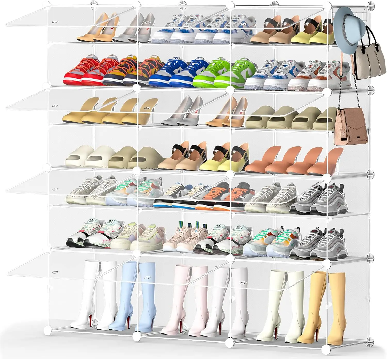 

12-Cube Shoe Rack Organizer, Modular Plastic Shoes Cabinet with Transparent Doors,6-Tier Portable Shoe Tower Shelf Storage Stand