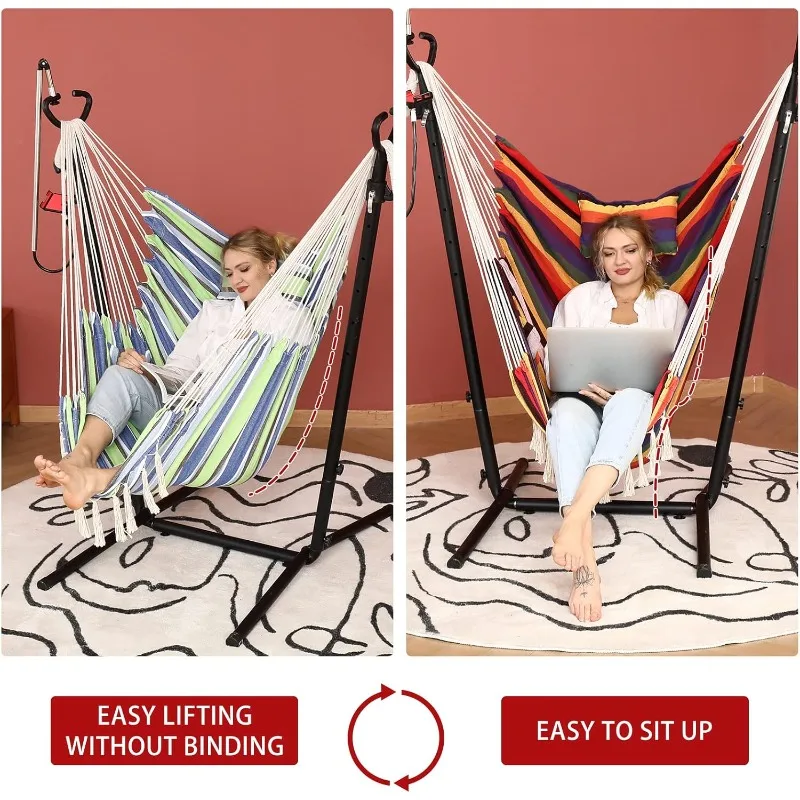 Hammock Chair with Stand Double Hammock Chair Bohemian Style with Tassel Mobile Phone Support Manual Adjustable Swing Indoor