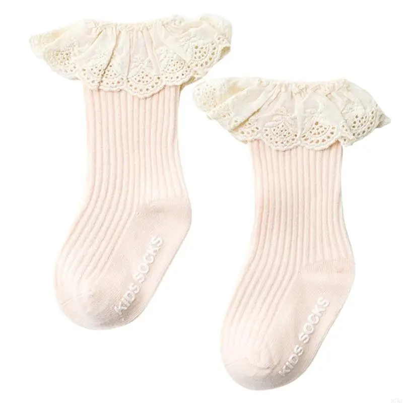97BE Toddler Infant Baby Girls Knee High Socks with Grips Ruffled Lace Ribbed Knit Color Non-Skid Cotton Long Stockings