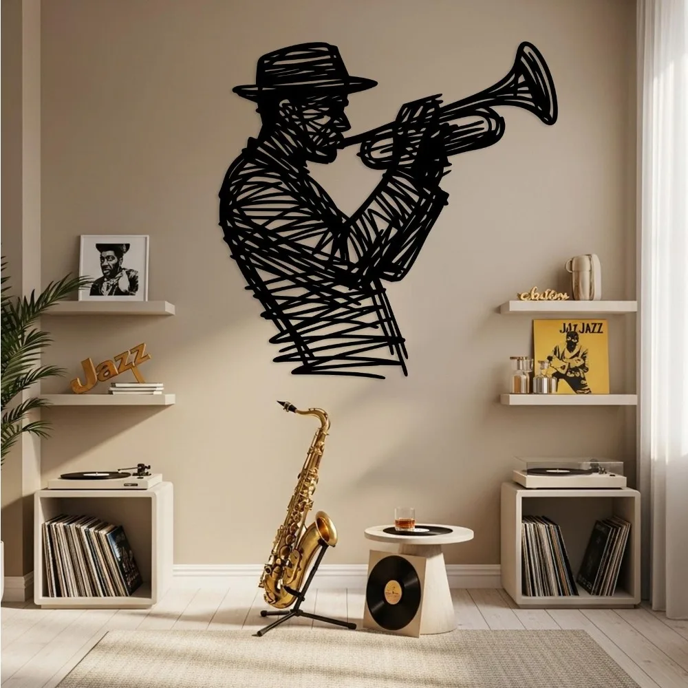 Oversized Jazz Trumpet Player Metal Wall Art, Abstract Musician Iron Mural, Artsy Wall Sign for Music Room