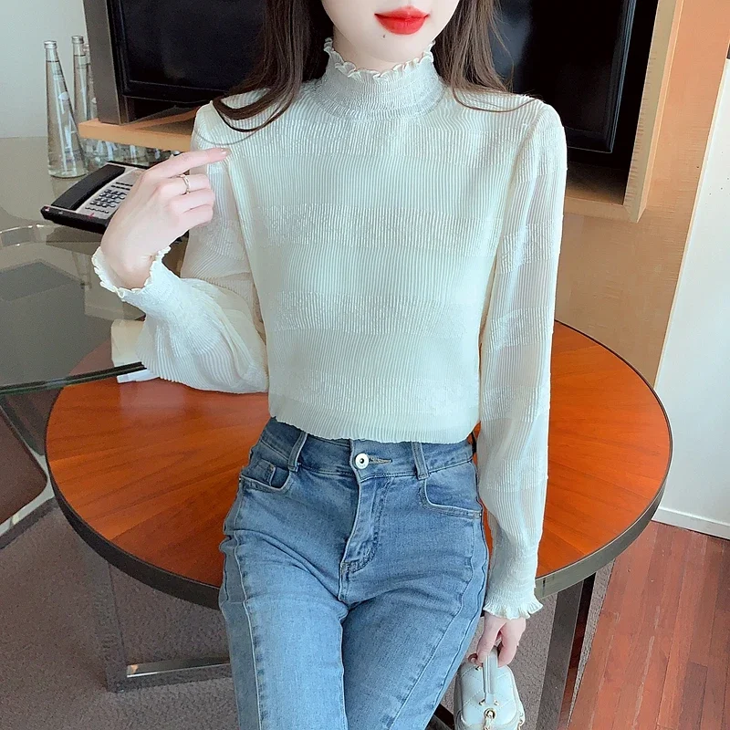 New Long Sleeve Ruffled Women Shirt Chiffon Adding Velvet Thickening Shirt Blouse Women Tops Shirts Blusas Para Mujer Blusa M593