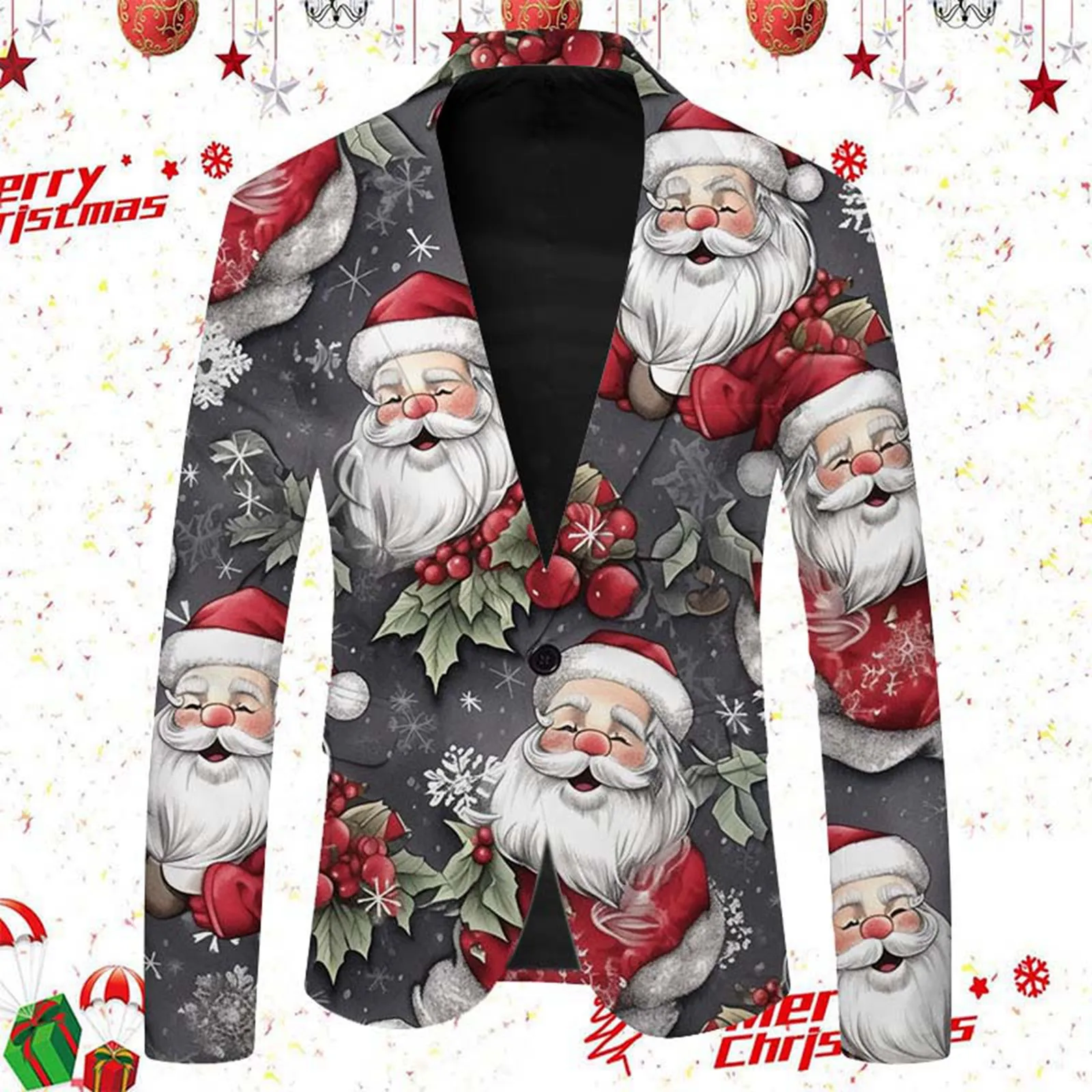 Men's Long Sleeved Lapel Button Button Suit Fashion Christmas Print Men's Coat Slim Pant Freezer Suit for Men