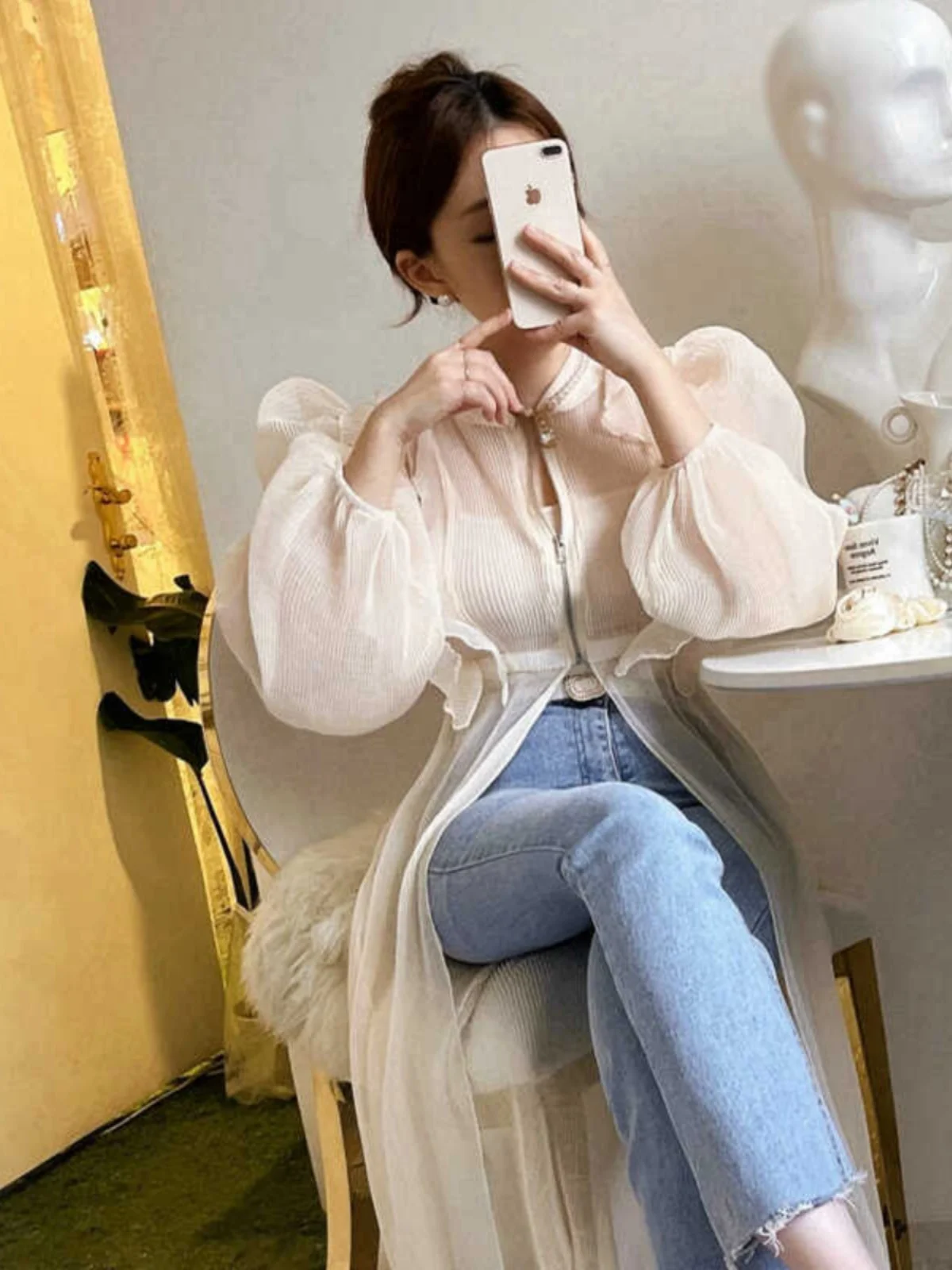 

Женский кардиган Solowen с длинными рукавами, солнцезащитный, в французском стиле, приталенный, с рукавами-фонариками, плиссированный, сетчатый, премиум-класса