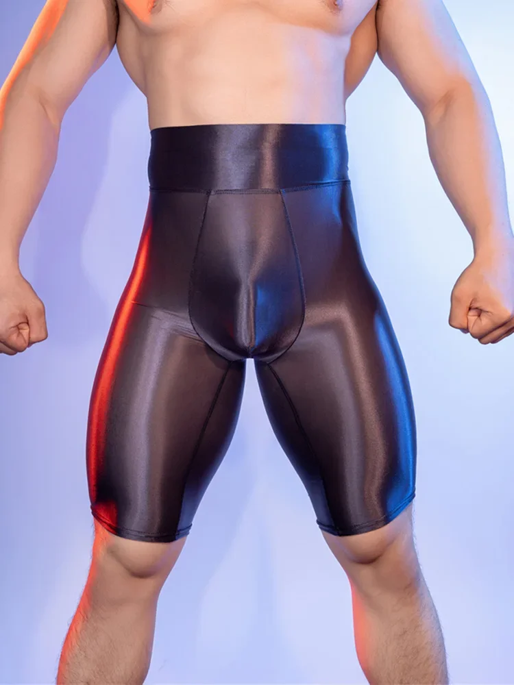 Bragas cortas sexis de cintura alta para hombre, Boxer con bolsa para bulto convexo en U, ropa interior transparente transpirable suave con manchas brillantes al óleo