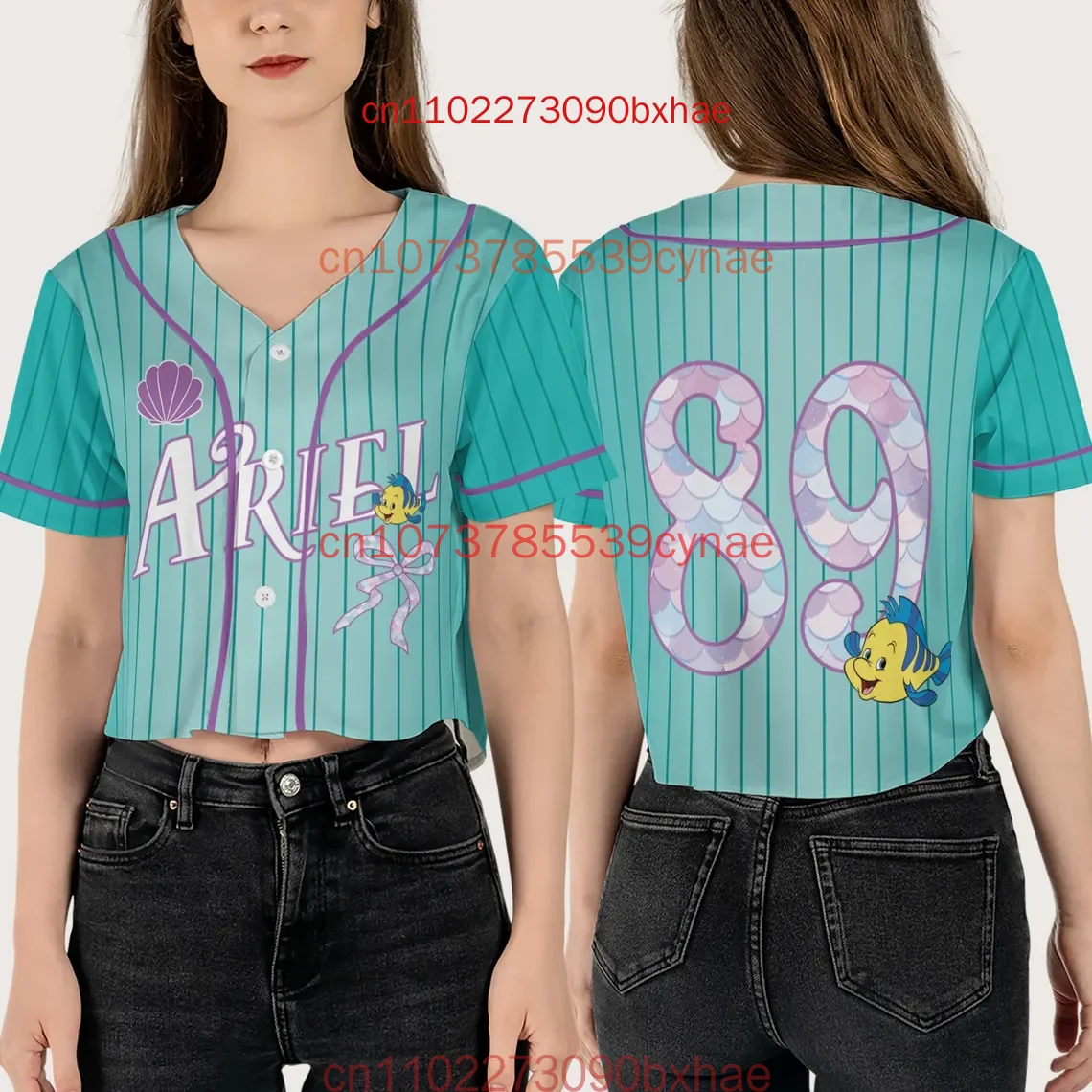 

Укороченный топ принцессы Ариэль, бейсбольный трикотаж, укороченная рубашка с бантом Disney Little Mermaid Coquette, наряд для бейсбольной девушки