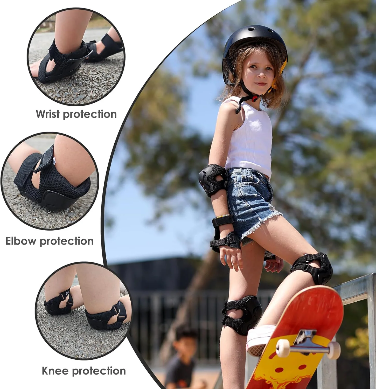 6-teiliges Schutzausrüstungsset für Kinder, Knie- und Ellbogenschützer für Rollschuhlaufen, Radfahren, Skateboard, BMX, Roller, Sport – Detail 4