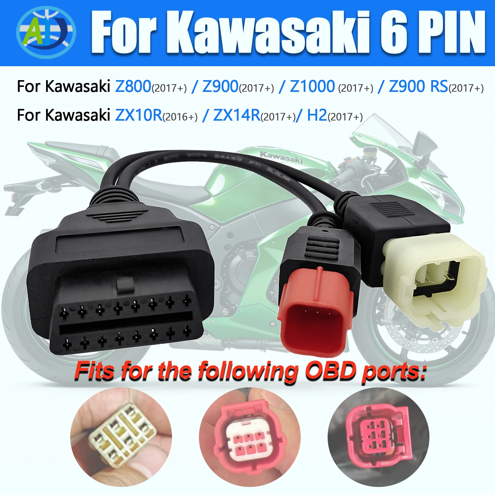 6 Pin Motorcycle OBD Connector for Honda for Kawasaki Z/ZX Series 2 In 1 Motorbike 16 Pin OBDII Diagnostic Tool Adapter Cable