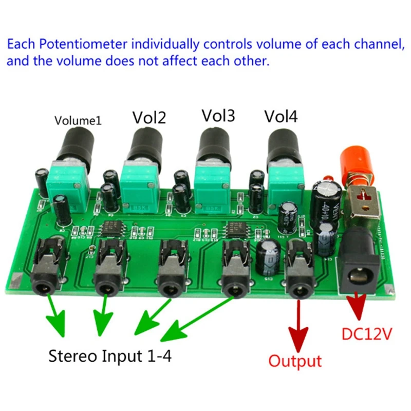Stereo Mixer (4 Input ,1 Output ) Individually Controls Board DIY Headphones Amplifier Case DC12V