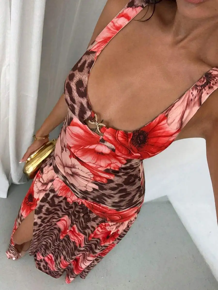 

Длинное платье с глубоким V-образным вырезом и леопардовым/цветочным принтом, из эластичного трикотажа, сексуальное и элегантное летнее платье