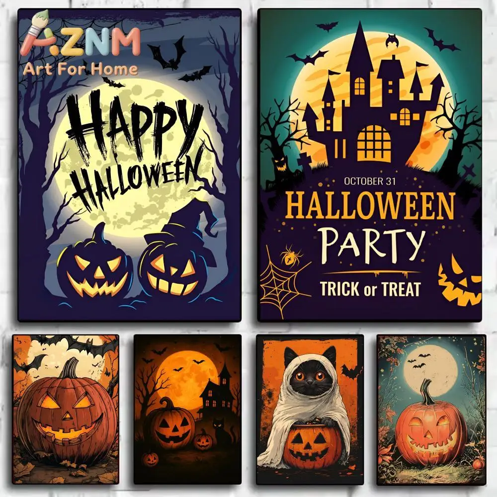Halloween Pumpkin Painting Calligraphy Anti-wrinkle Canvas Poster Wall Mural Art Photos for Room Home Spaces Decor