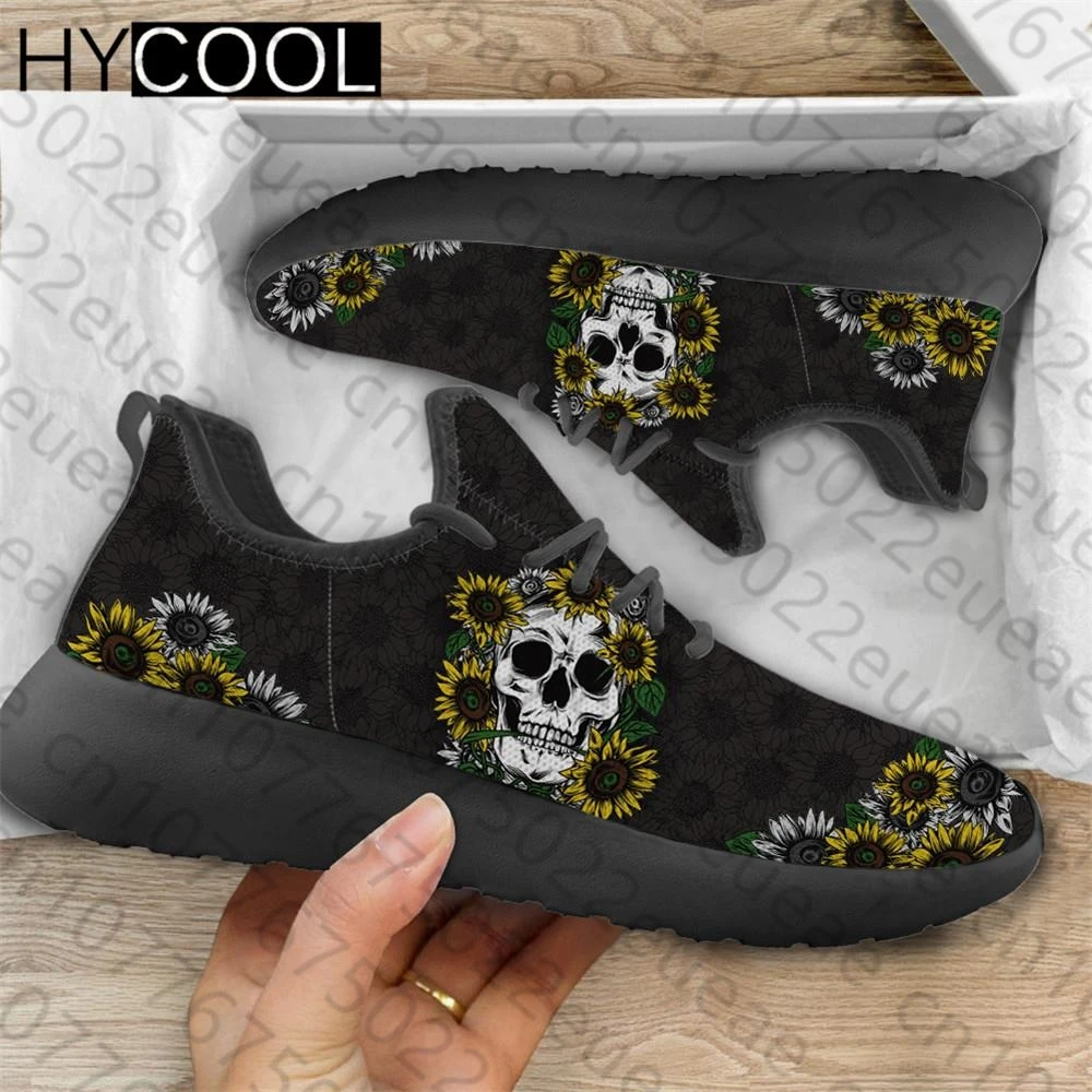 HYCOOL Fashion Design Women Men Running Sneakers Sugar Skull With Sunflower Print Flats Female Lace Up Sport Shoe Scarpe Donna