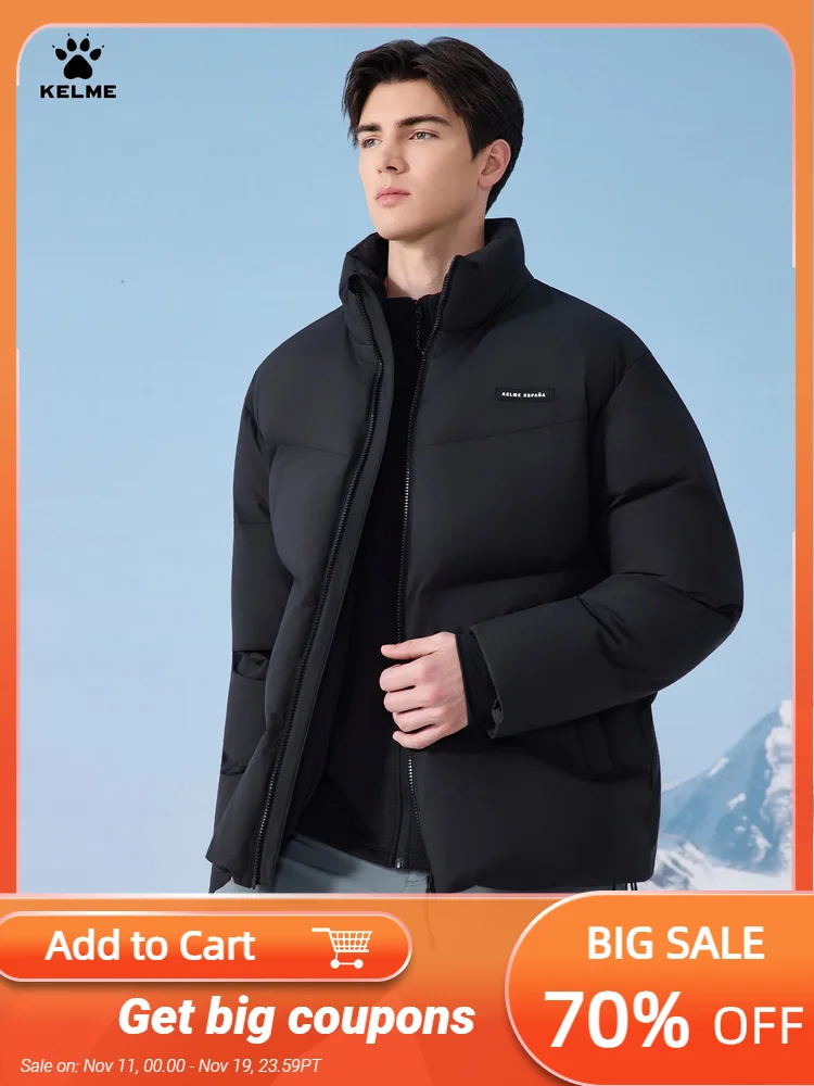 Kelme Men's Thermal Cotton Jacket With Stand Collar, Windproof Loose-fit Casual Outerwear Fleece-lined Sports Set