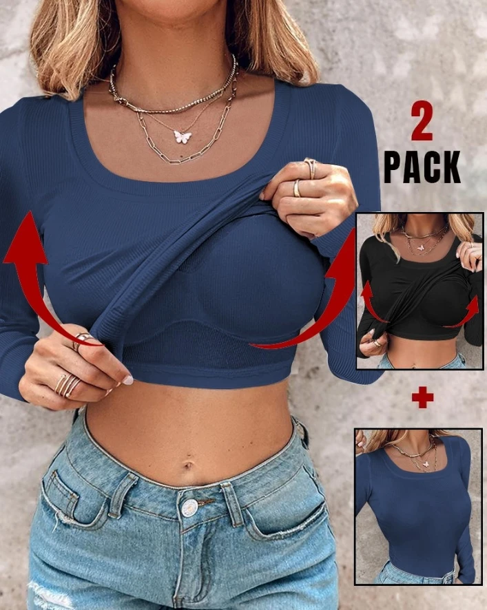 

Women's Two-Piece Autumn New 2 Piece U-Neck Long Sleeve Athletic Tank Tops with Built-In Bras Ribbed Design Casual Pack Top