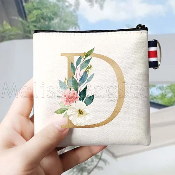 花のイニシャル文字 A～Z 花柄モノグラム ゴールド文字 キャンバス コインパースバッグ 小型スクエアキー収納カードバッグ ウォレットポーチ