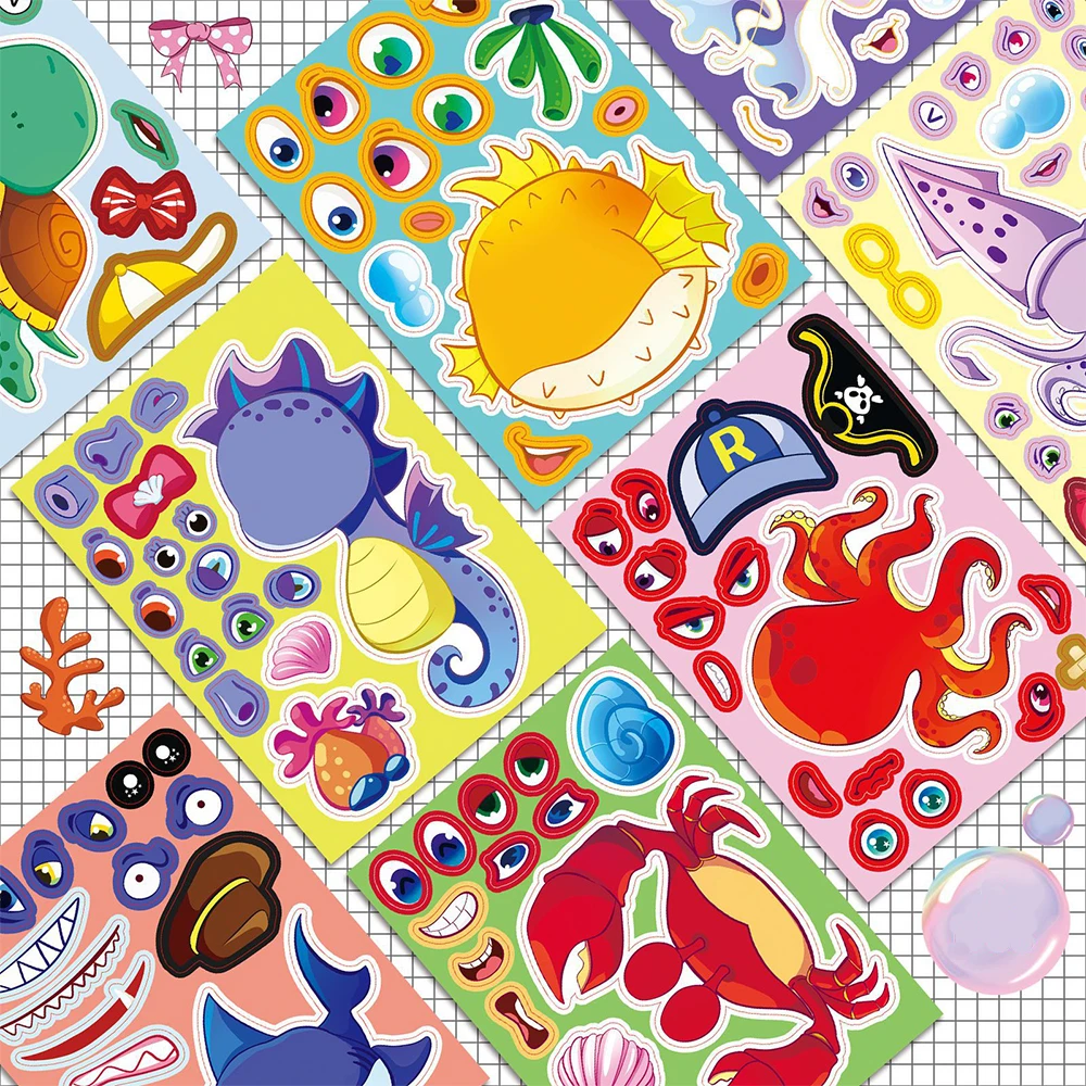 

8/16sheets Funny Cute Marine Animals Puzzle Stickers Make a Face Decoration Decals DIY Laptop Phone Kawaii Jigsaw Sticker Gifts