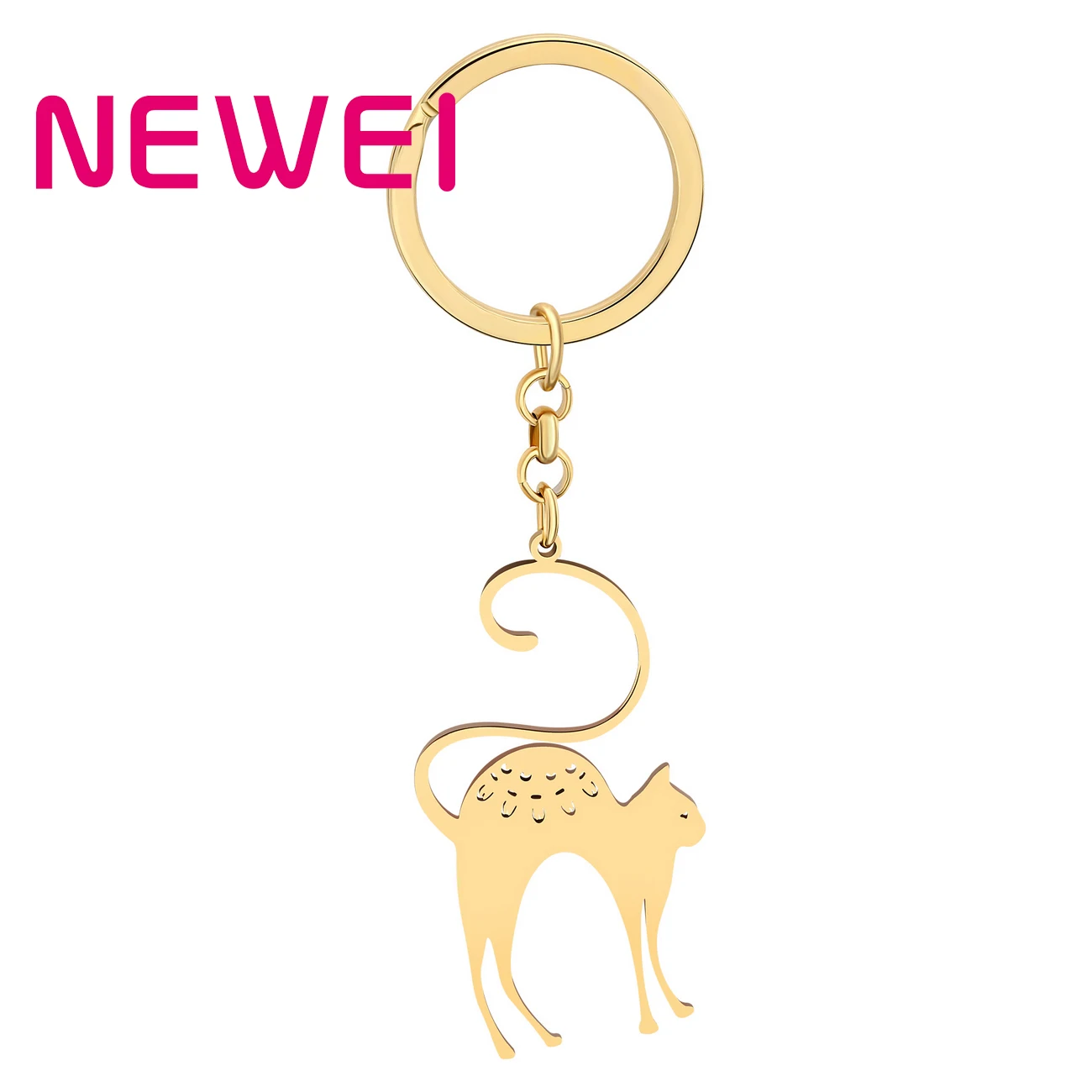 NEWEI Stainless Steel Gold-plated Cat Keychains Metal Holder Lanyard Kawaii Pet Animals Jewelry For Women Charms Accessories