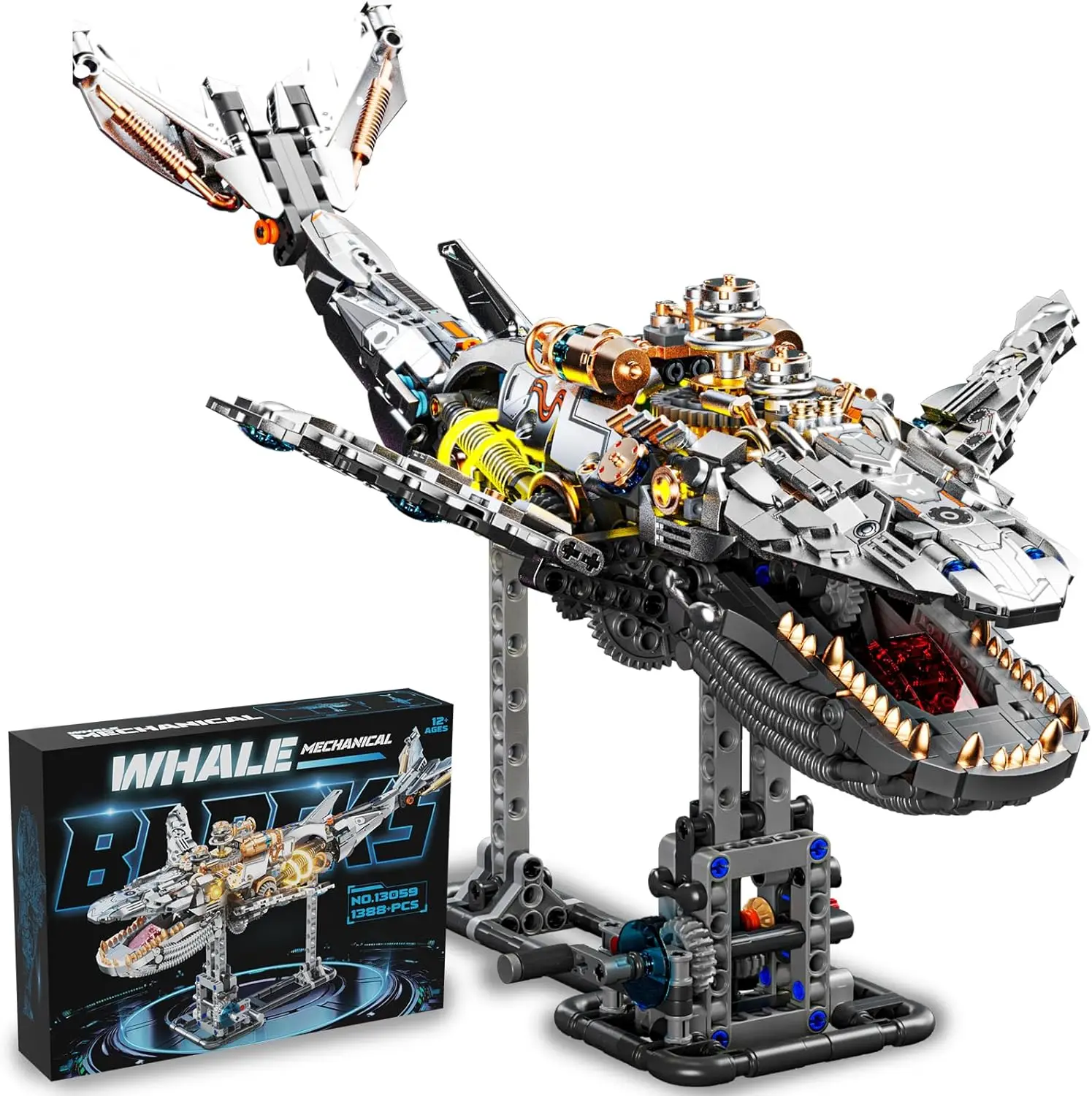 

Mechanical Whale Building Block Set with Lights, 3D Ocean Animal Model Ornament, Tail Can Move, Suitable for Youth and Adults over 12 Years Old as a Gift (1388 Pieces)